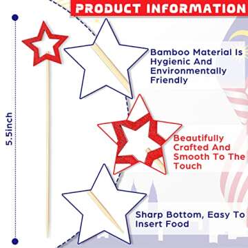 120 Pcs 4th of July Patriotic Cocktail Picks 5.1 Inch Blue Red White Star Toothpicks for Drinks Bamboo Star Skewers for Appetizers Independence Day Fruit Martini Sticks