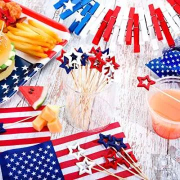 120 Pcs 4th of July Patriotic Cocktail Picks 5.1 Inch Blue Red White Star Toothpicks for Drinks Bamboo Star Skewers for Appetizers Independence Day Fruit Martini Sticks