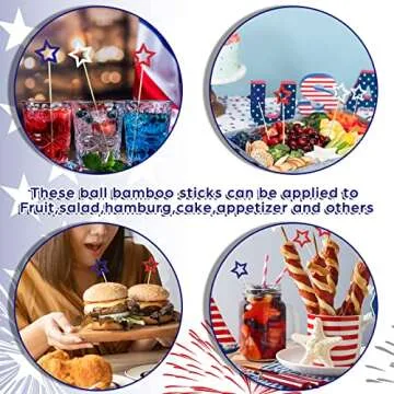 120 Pcs 4th of July Patriotic Cocktail Picks 5.1 Inch Blue Red White Star Toothpicks for Drinks Bamboo Star Skewers for Appetizers Independence Day Fruit Martini Sticks