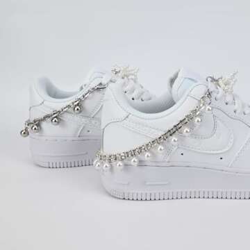 SDIDVIEXPERT 4PCS Pearl Bow Shoe Charms Shoelace Sneakers Decoration Chain Charm Y2K Shoe Jewelry for Sneakers Pearl Chain DIY Decoration Accessories(Silver B + White)