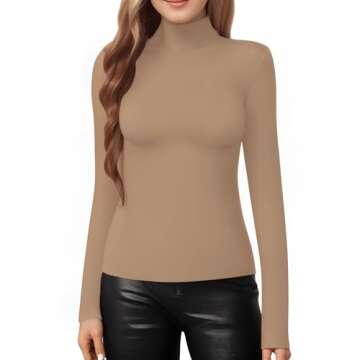 MANGOPOP Women's Mock Turtle Neck Slim Fit Long Half Short Sleeve T Shirt Tight Tops Tee Mocha