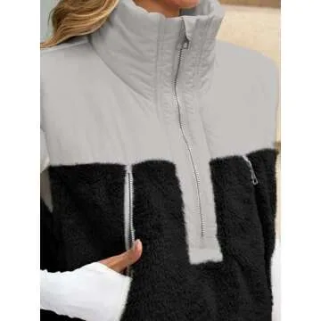 Tankaneo Womens Cropped Vests Outerwear Color Block Half Zipper Fleece Sherpa Sleeveless Winter Coats Jackets with Pockets