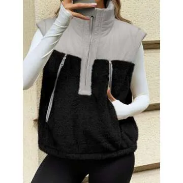 Tankaneo Womens Cropped Vests Outerwear Color Block Half Zipper Fleece Sherpa Sleeveless Winter Coats Jackets with Pockets