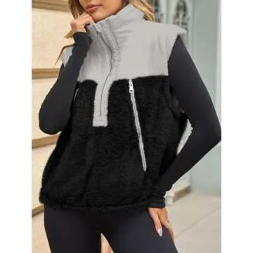 Tankaneo Womens Cropped Vests Outerwear Color Block Half Zipper Fleece Sherpa Sleeveless Winter Coats Jackets with Pockets