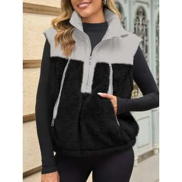 Tankaneo Womens Cropped Vests Outerwear Color Block Half Zipper Fleece Sherpa Sleeveless Winter Coats Jackets with Pockets