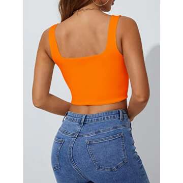 Abardsion Women's Sexy Sleeveless Strappy Square Neck Basic Crop Tank Top (Neon Orange,S)