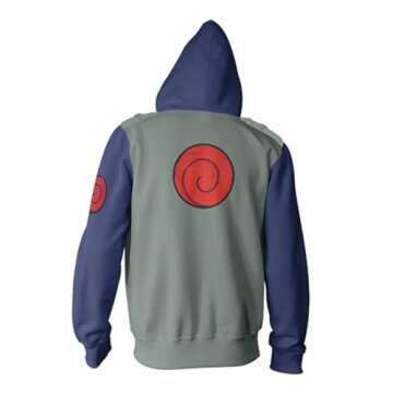 Ripple Junction Naruto Shippuden Men's Full Zip Up Hooded Sweatshirt Kakashi Hatake Anime Zippered Fleece Hoodie Olive Small