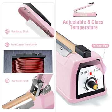 METRONIC Impulse Sealer 12 inch, Manual Heat Sealer Machine for Plastic Bags, Shrink Wrap Bag Sealers Heavy Duty Sealing Machine with Repair Kit (Pink)