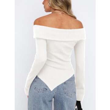 Women's Fall Boat Neck Off Shoulder Long Sleeve Ribbed Knit Sweater Slim Fitted Y2K Tops 9039 White M