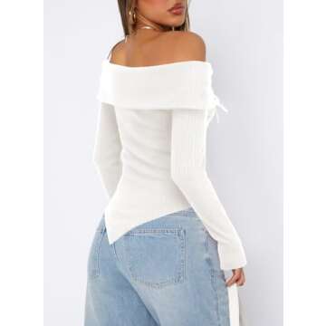Women's Fall Boat Neck Off Shoulder Long Sleeve Ribbed Knit Sweater Slim Fitted Y2K Tops 9039 White M