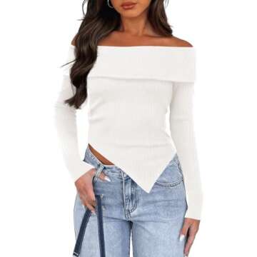 Women's Fall Boat Neck Off Shoulder Long Sleeve Ribbed Knit Sweater Slim Fitted Y2K Tops 9039 White M
