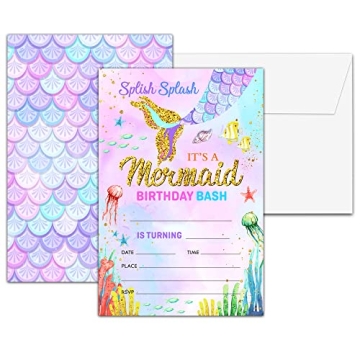 Birthday Party Invitations, Mermaid Birthday Invitations, Double-Sided Fill In Birthday Invites, Mag...