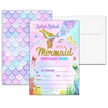 Magical Mermaid Birthday Party Invitations - Double-Sided, 20 Cards + Envelopes
