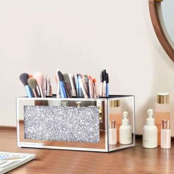 Amezey Crystal Crushed Diamond Silver Makeup Brush Holder Organizer, 3 Slot Mirrored Cosmetics Brushes Storage Case, Cute Pen and Pencil Glass Holder, Eyeliners Display Case (6 Slots)