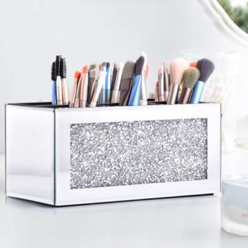 Amezey Crystal Crushed Diamond Silver Makeup Brush Holder Organizer, 3 Slot Mirrored Cosmetics Brushes Storage Case, Cute Pen and Pencil Glass Holder, Eyeliners Display Case (6 Slots)
