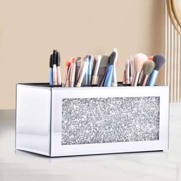 Amezey Crystal Crushed Diamond Silver Makeup Brush Holder Organizer, 3 Slot Mirrored Cosmetics Brushes Storage Case, Cute Pen and Pencil Glass Holder, Eyeliners Display Case (6 Slots)
