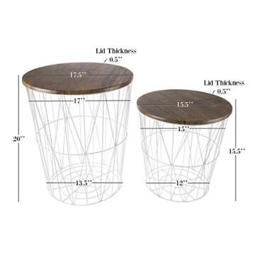 End Tables Set of 2 - Nesting Tables with Removable Wood Tops and Metal Basket Bases for Blanket Sto...
