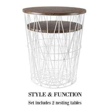 End Tables Set of 2 - Nesting Tables with Removable Wood Tops and Metal Basket Bases for Blanket Storage - Round Side Furniture for Living Room, Bedroom, or Home Office by Lavish Home (Brown/White)