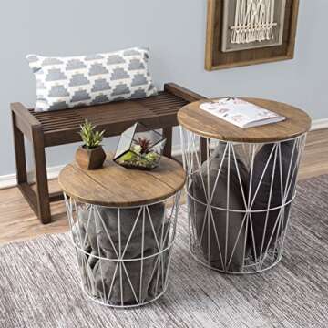End Tables Set of 2 - Nesting Tables with Removable Wood Tops and Metal Basket Bases for Blanket Storage - Round Side Furniture for Living Room, Bedroom, or Home Office by Lavish Home (Brown/White)
