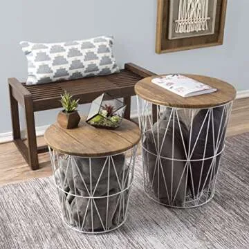 End Tables Set of 2 - Nesting Tables with Removable Wood Tops and Metal Basket Bases for Blanket Storage - Round Side Furniture for Living Room, Bedroom, or Home Office by Lavish Home (Brown/White)
