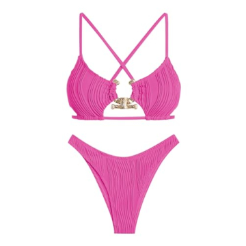 ZAFUL Women's Cutout Bikini Criss Cross Textured Metal High Leg Bikini Sets Cheeky Bikini Two Piece ...