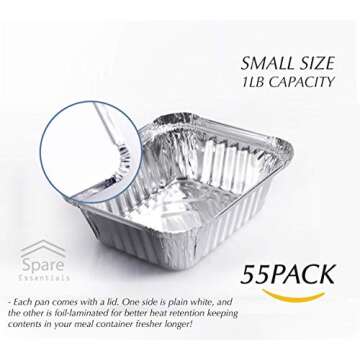 Spare Essentials 55 Pack - Small Foil Pans with Lids - Aluminum To Go Food Containers with Lids - 1l...