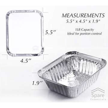 Spare Essentials 55 Pack - Small Foil Pans with Lids - Aluminum To Go Food Containers with Lids - 1lb Mini Aluminum Pans - Freezer Safe Foil Take out Trays - Heat proof Aluminum Meal Prep Containers