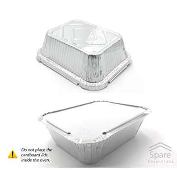 Spare Essentials 55 Pack - Small Foil Pans with Lids - Aluminum To Go Food Containers with Lids - 1lb Mini Aluminum Pans - Freezer Safe Foil Take out Trays - Heat proof Aluminum Meal Prep Containers