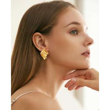 HESSAWELL Gold Ribbon Dangle Earrings for Women Statement Chunky Dangle Earrings for Birthday Jewelr...