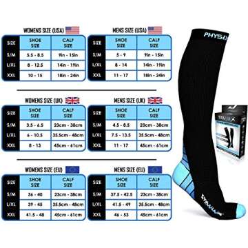 Physix Gear Compression Socks for Men & Women 20-30 mmhg Graduated Athletic for Running Nurses Shin Splints Flight Travel & Maternity Pregnancy - Boost Stamina Circulation & Recovery BLU LXL (1 Pair)