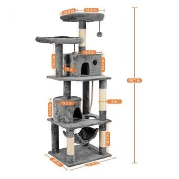 Plemo Cat Tree Condo Furniture 4-Level Platform Activity Tower with Sisal-Covered Scratching Posts and Perches Hammock for Kittens Pet (66.1″ Gray)