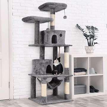 Plemo Cat Tree Condo Furniture 4-Level Platform Activity Tower with Sisal-Covered Scratching Posts and Perches Hammock for Kittens Pet (66.1″ Gray)