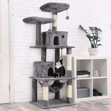 Plemo Cat Tree Condo Furniture 4-Level Platform Activity Tower with Sisal-Covered Scratching Posts and Perches Hammock for Kittens Pet (66.1″ Gray)