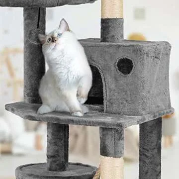 Plemo Cat Tree Condo Furniture 4-Level Platform Activity Tower with Sisal-Covered Scratching Posts and Perches Hammock for Kittens Pet (66.1″ Gray)