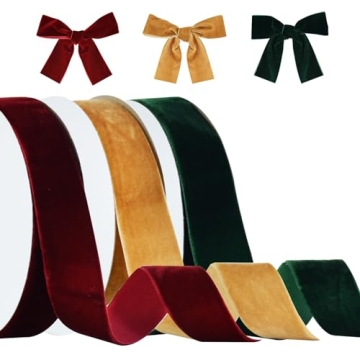 TONIFUL Velvet Ribbons Set, 1" x 30Yd, Khaki, Red, Green, 3 Colors, 10Yd/roll, for Christmas Wreath ...