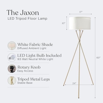 Brightech Jaxon LED Floor lamp, Modern Lamp for Living Rooms & Offices, Tall Lamp with Contemporary Drum Shade, Gold Tripod Standing Lamp for Bedroom Reading, Great Living Room Decor - Brass