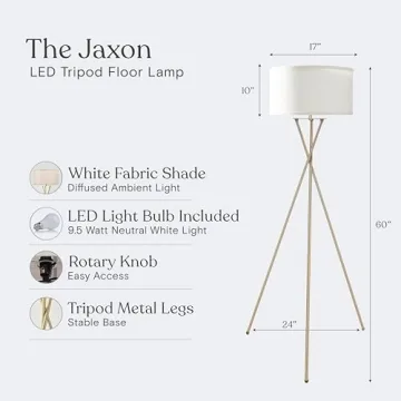 Brightech Jaxon LED Floor lamp, Modern Lamp for Living Rooms & Offices, Tall Lamp with Contemporary Drum Shade, Gold Tripod Standing Lamp for Bedroom Reading, Great Living Room Decor - Brass