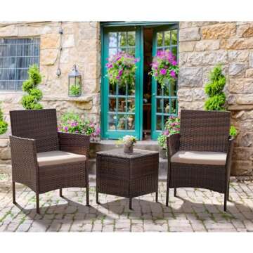 Flamaker Patio Furniture Set 3 Pieces All-Weather Rattan Outdoor Furniture Patio Chairs with Tempered Glass Table for Porch Bistro Balcony (Brown/Cream)
