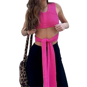 JUMISEE Women's Sexy Wrap Around Strappy Crop Top Knit Multi Wear Sweater Tank Tops Sleeveless Bandage Vest (Hot Pink)