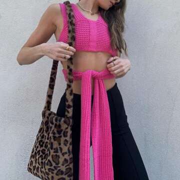 JUMISEE Women's Sexy Wrap Around Strappy Crop Top Knit Multi Wear Sweater Tank Tops Sleeveless Bandage Vest (Hot Pink)