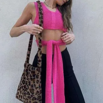 JUMISEE Women's Sexy Wrap Around Strappy Crop Top Knit Multi Wear Sweater Tank Tops Sleeveless Bandage Vest (Hot Pink)