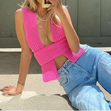 JUMISEE Women's Sexy Wrap Around Strappy Crop Top Knit Multi Wear Sweater Tank Tops Sleeveless Bandage Vest (Hot Pink)