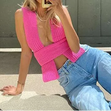 JUMISEE Women's Sexy Wrap Around Strappy Crop Top Knit Multi Wear Sweater Tank Tops Sleeveless Bandage Vest (Hot Pink)