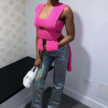 JUMISEE Women's Sexy Wrap Around Strappy Crop Top Knit Multi Wear Sweater Tank Tops Sleeveless Bandage Vest (Hot Pink)