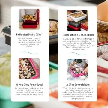 Fancy Panz Classic, Food Serving Tray, Made in the USA Foil Pan Carrier, Stackable Aluminum Pan Holders with Clear Lid, Travel Casserole Carrier With 1 Disposable Foil Pan & Serving Spoon, Hot Pink