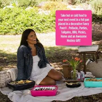 Fancy Panz Classic, Food Serving Tray, Made in the USA Foil Pan Carrier, Stackable Aluminum Pan Holders with Clear Lid, Travel Casserole Carrier With 1 Disposable Foil Pan & Serving Spoon, Hot Pink