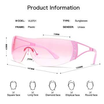 VANLINKER Wrap Around Y2K Sunglasses for Women Men Trendy Oversized Futuristic Sun Glasses Fashion Shield Flat Top Shades Pink VL9701