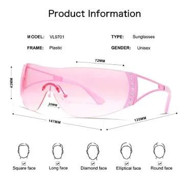 VANLINKER Wrap Around Y2K Sunglasses for Women Men Trendy Oversized Futuristic Sun Glasses Fashion Shield Flat Top Shades Pink VL9701