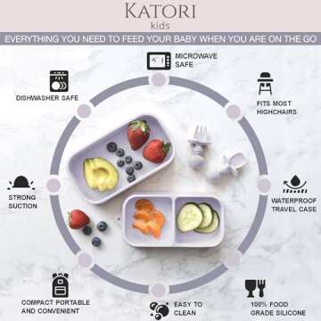KATORI KIDS Suction Plate for Baby To Go | 5pc Travel Silicone Baby Plate Feeding Set with Travel Bag | Toddler Plate | Baby Travel Essential | Baby Bowl | Platos para Bebes