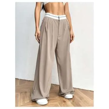 RoseSeek Women's Wide Leg Pants High Waist Business Trousers Loose Casual Straight Office Suit Pants with Pockets Khaki X-Small